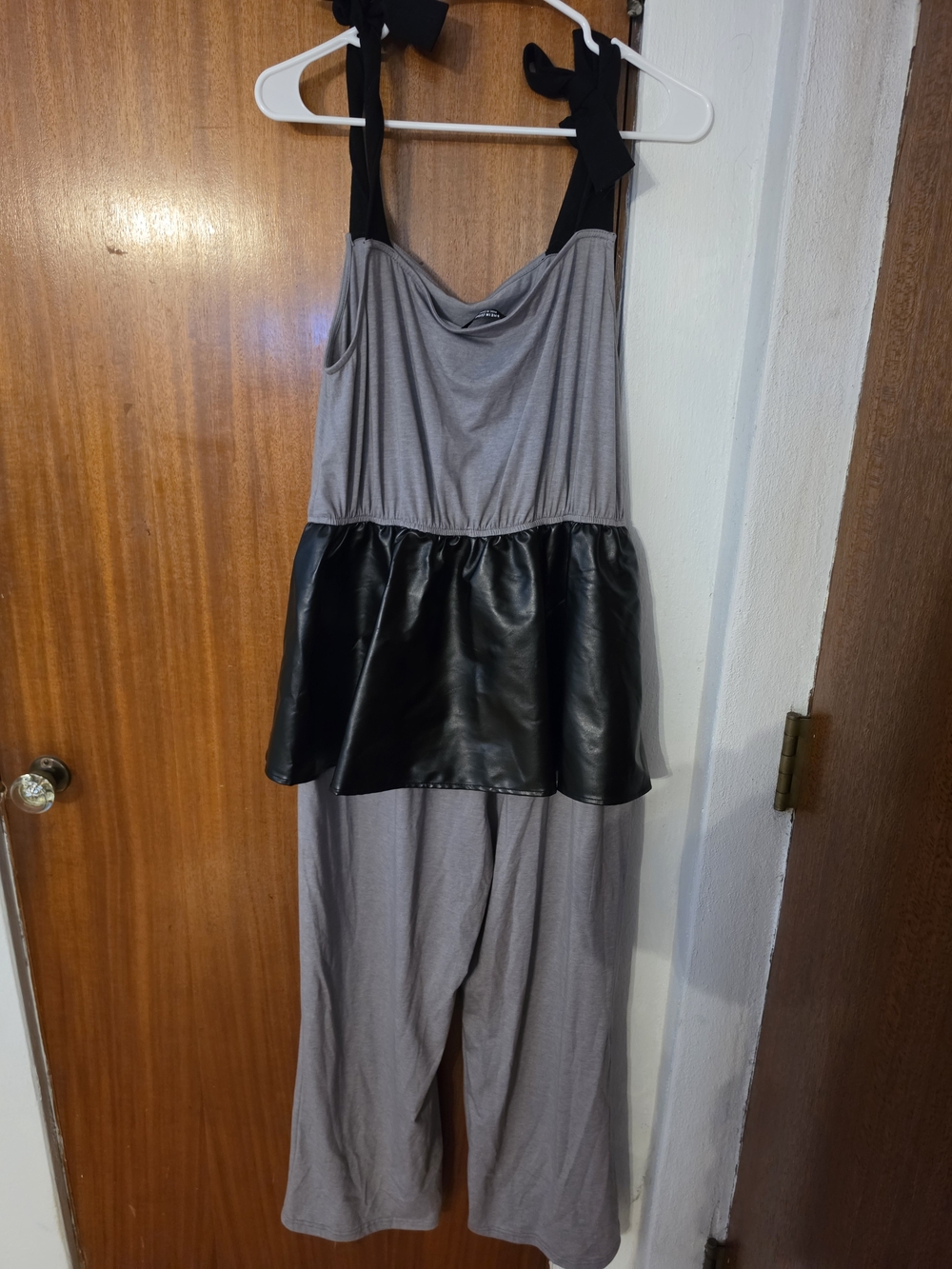 SHEIN Gray Jumpsuit with Black Faux-Leather Peplum and Tie Straps
